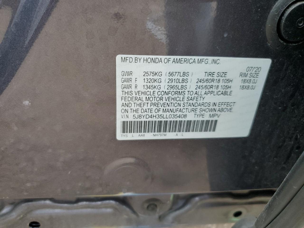 2020 Acura Mdx VIN: 5J8YD4H35LL035408 Lot: 85897345