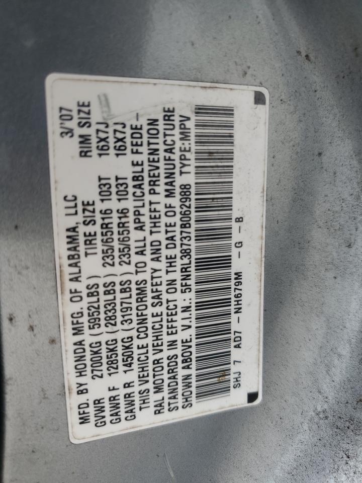 2007 Honda Odyssey Exl VIN: 5FNRL38737B062988 Lot: 86151295