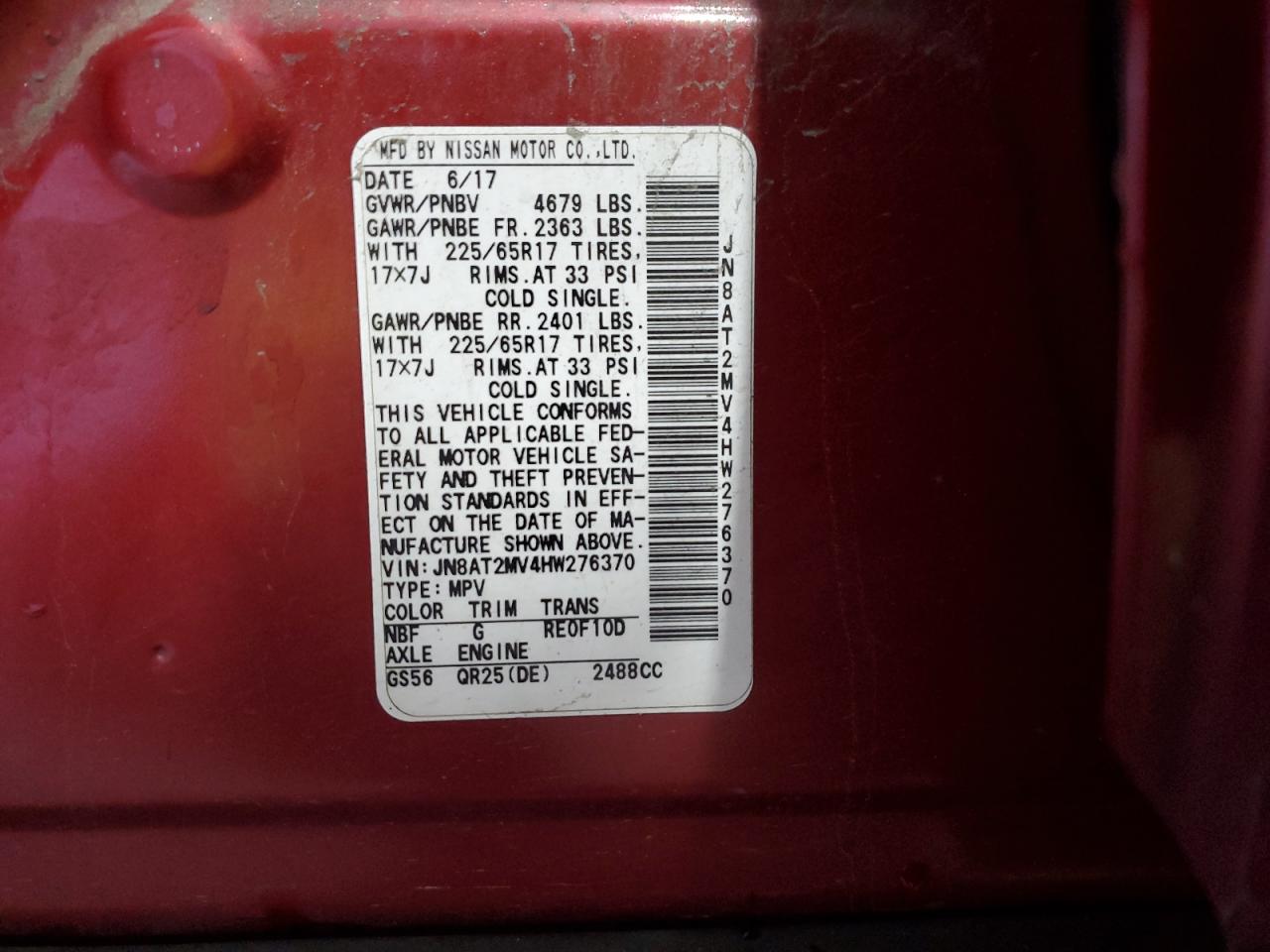 2017 Nissan Rogue S VIN: JN8AT2MV4HW276370 Lot: 86220925