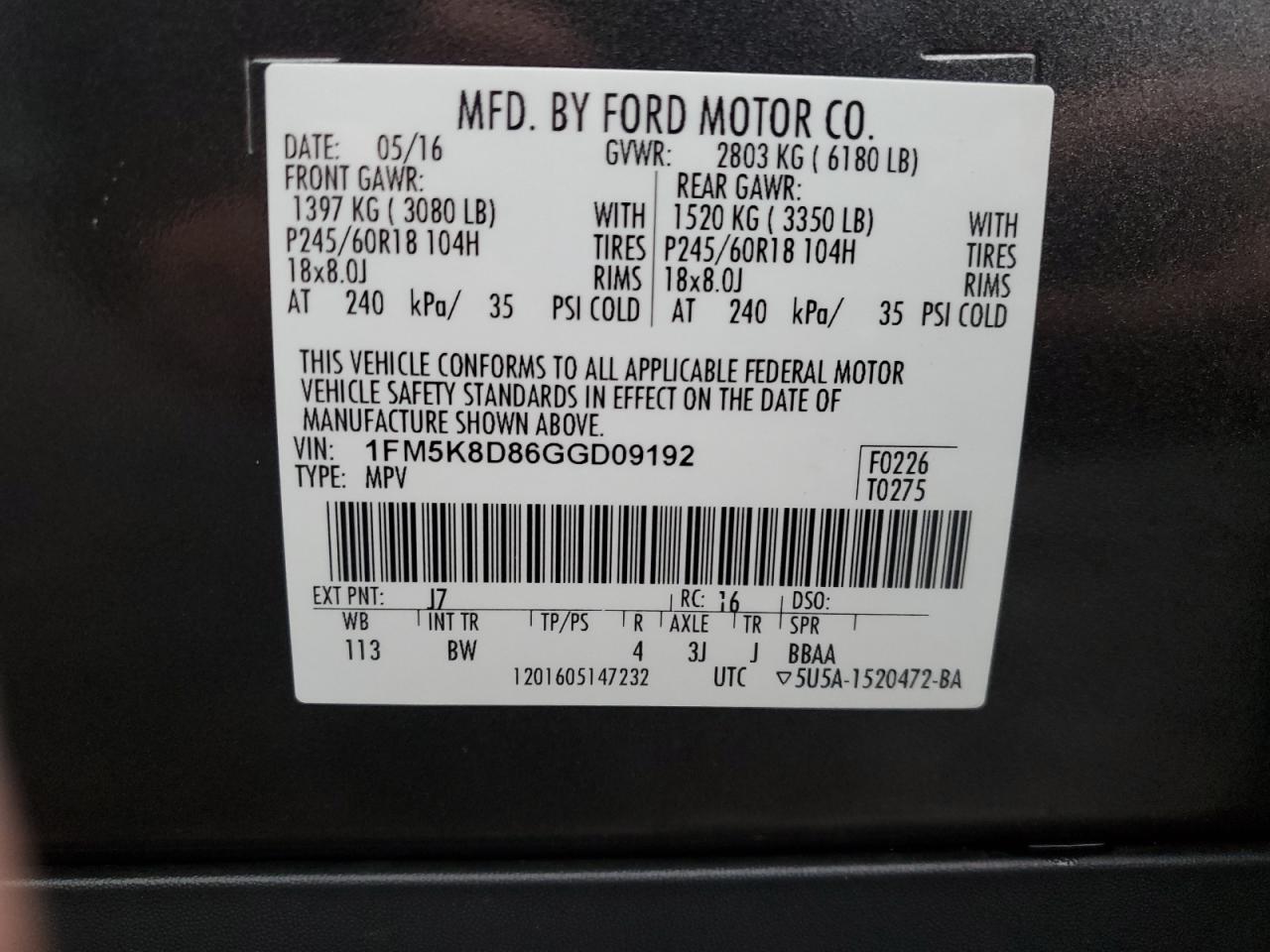 2016 Ford Explorer Xlt VIN: 1FM5K8D86GGD09192 Lot: 86424555