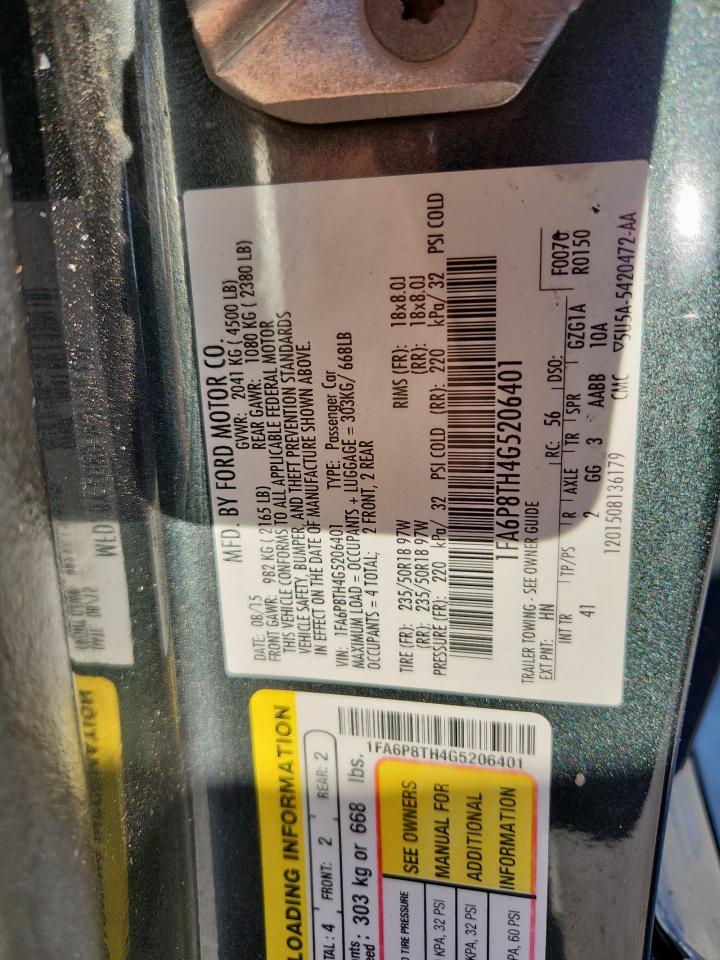 2016 Ford Mustang VIN: 1FA6P8TH4G5206401 Lot: 85721205