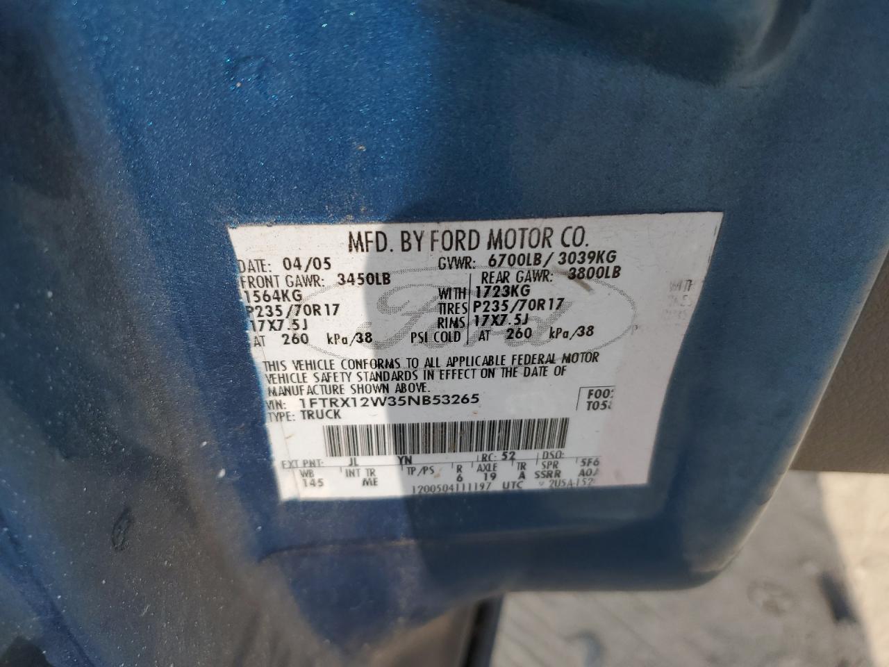 2005 Ford F150 VIN: 1FTRX12W35NB53265 Lot: 89662075