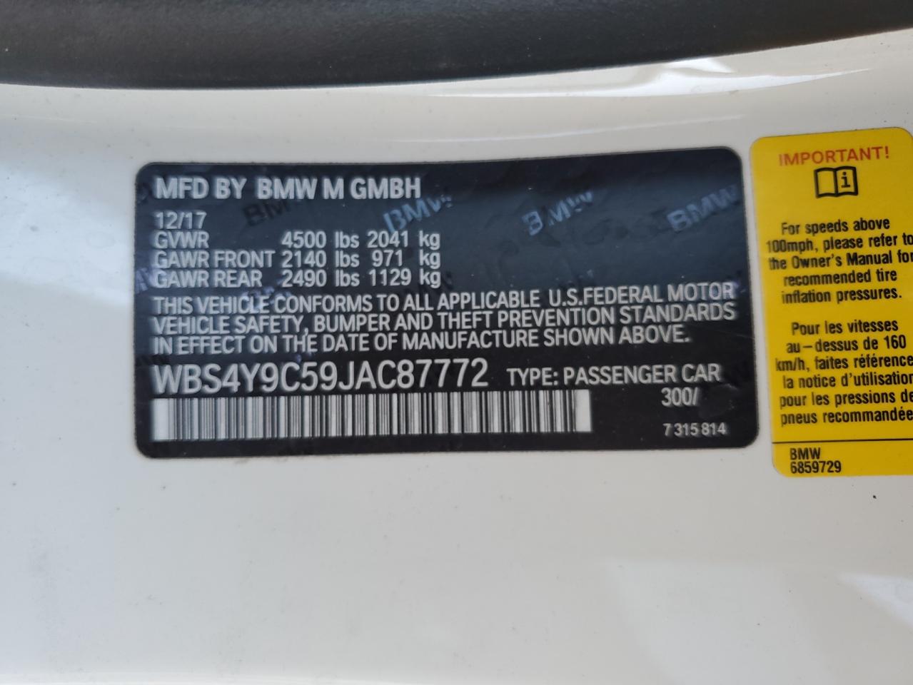 2018 BMW M4 VIN: WBS4Y9C59JAC87772 Lot: 85939005
