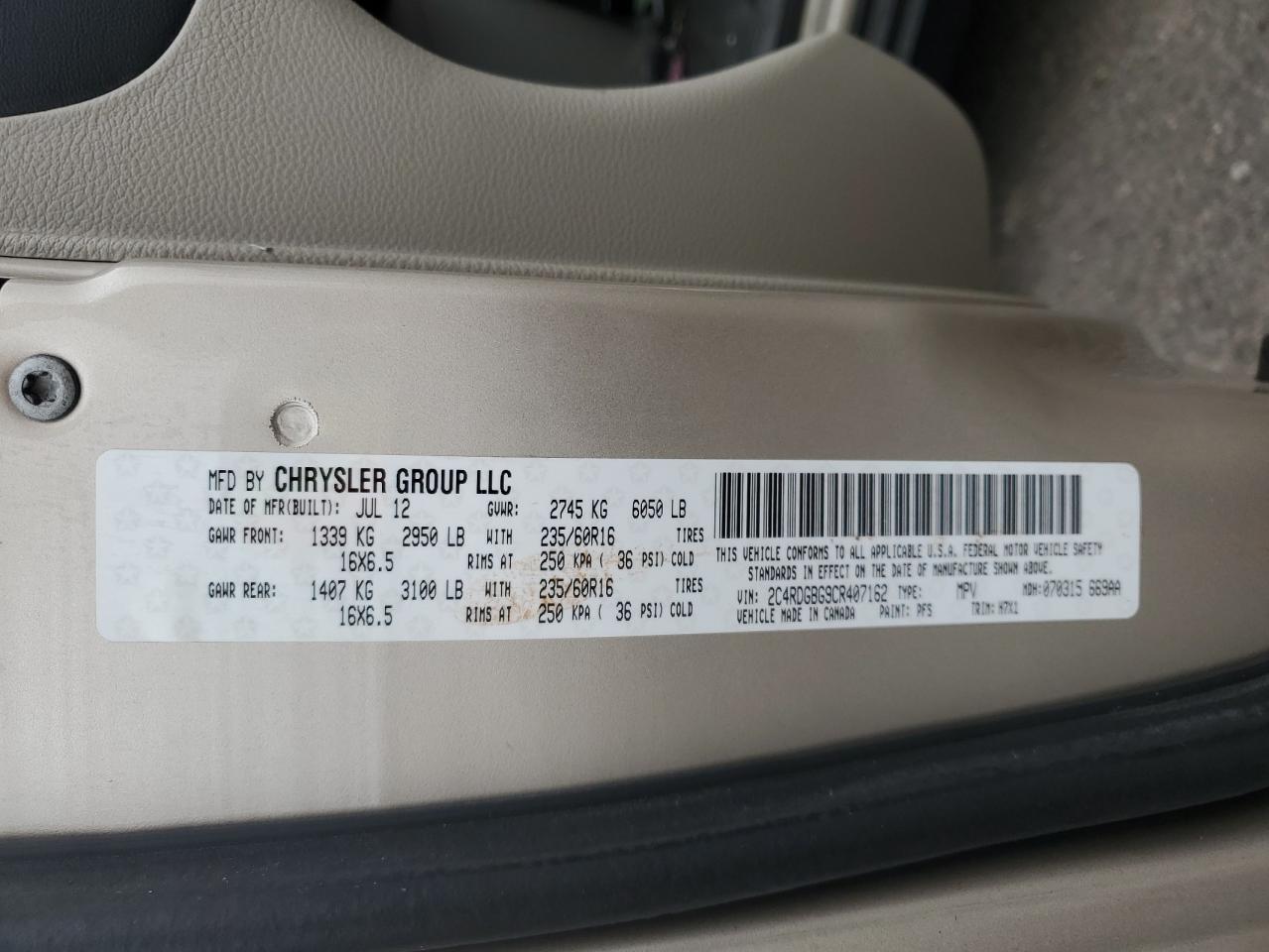 2012 Dodge Grand Caravan Se VIN: 2C4RDGBG9CR407162 Lot: 82760695