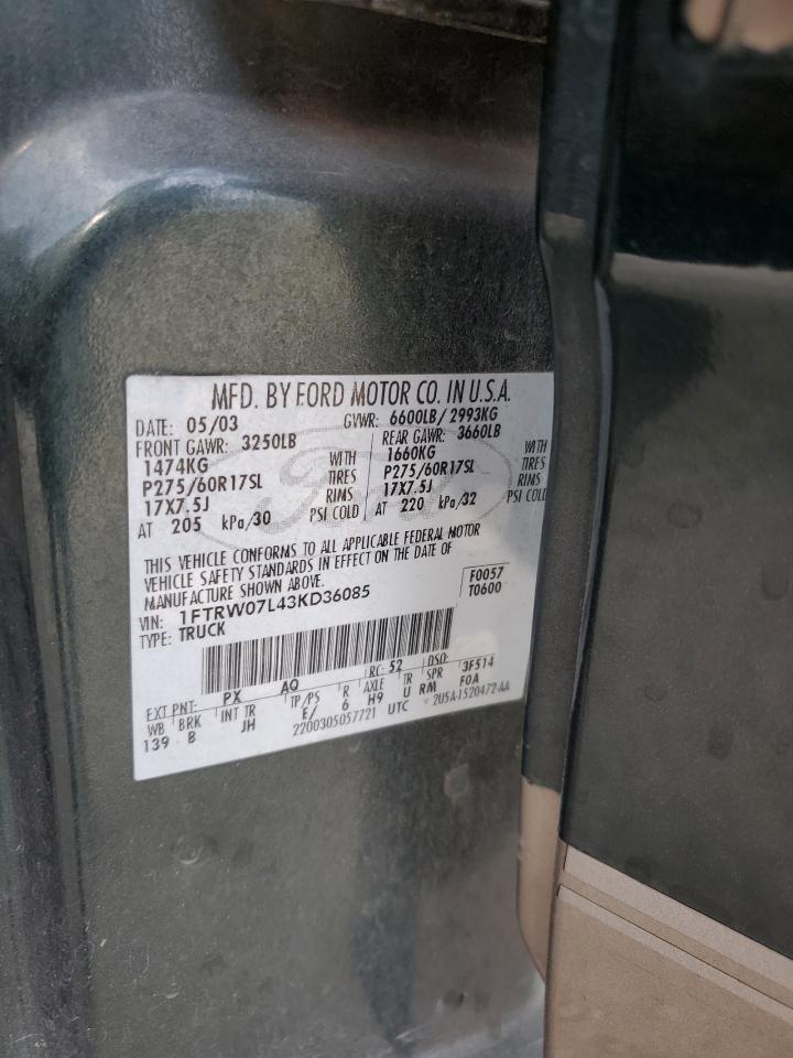 2003 Ford F150 Supercrew VIN: 1FTRW07L43KD36085 Lot: 82534295