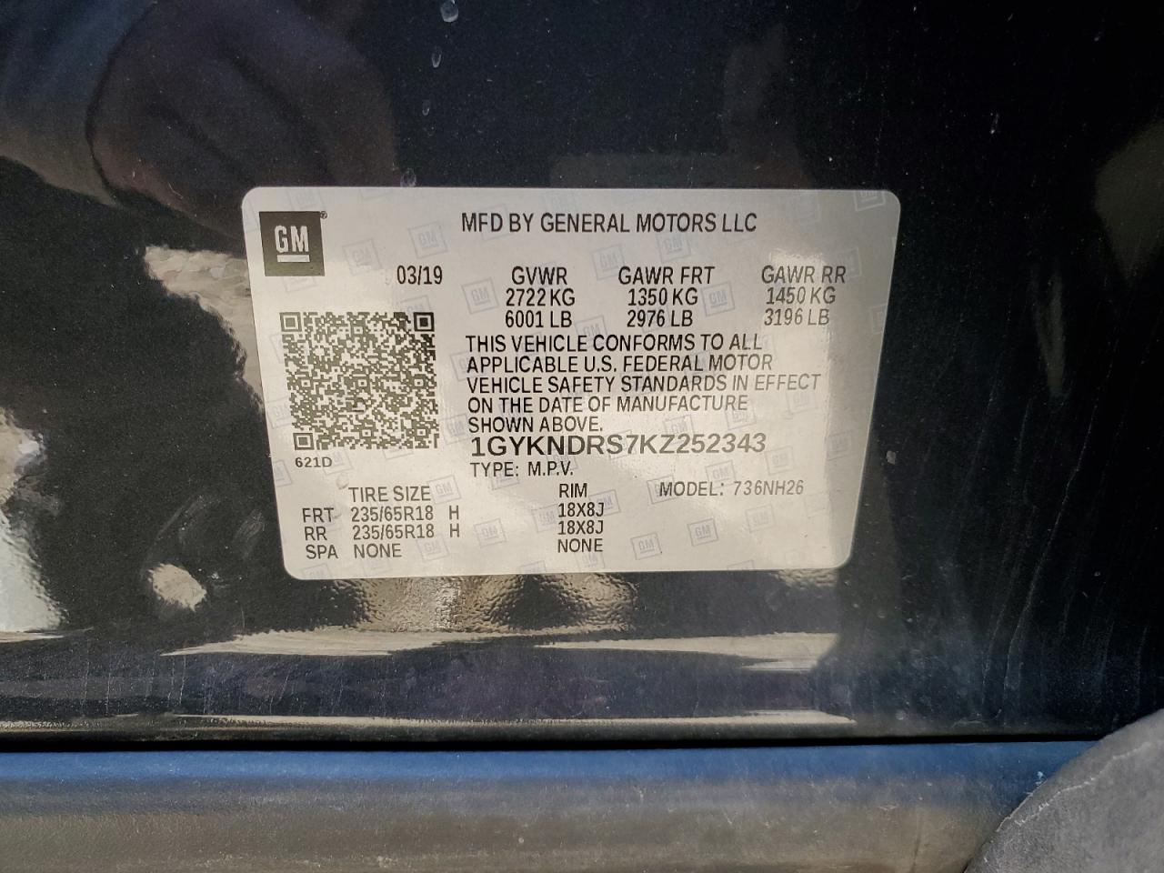 2019 Cadillac Xt5 Luxury VIN: 1GYKNDRS7KZ252343 Lot: 87089015