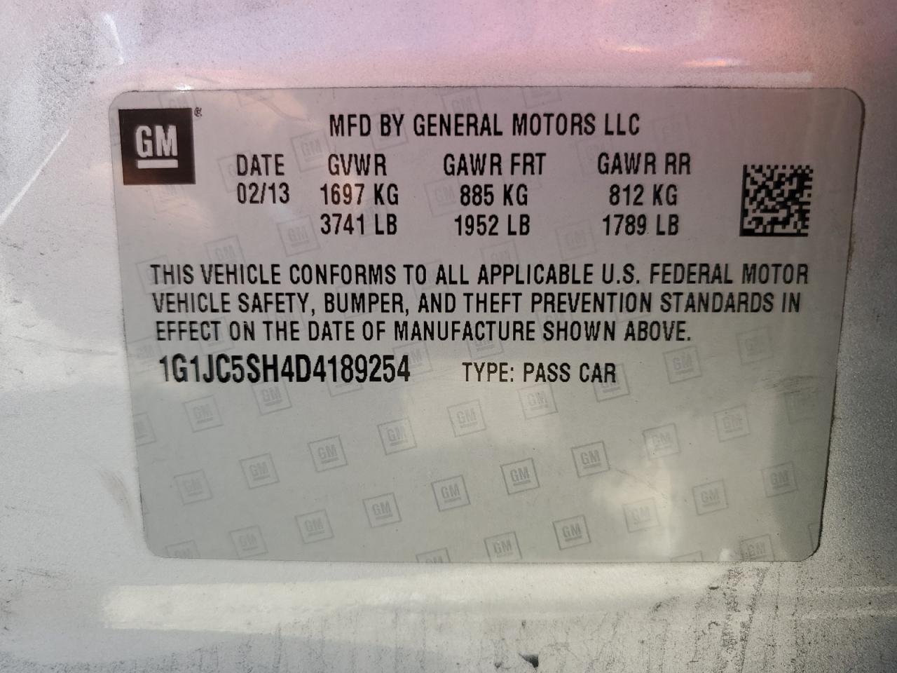 2013 Chevrolet Sonic Lt VIN: 1G1JC5SH4D4189254 Lot: 86280305