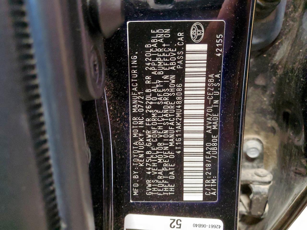 2021 Toyota Camry Se VIN: 4T1G11AK2MU488086 Lot: 82331015