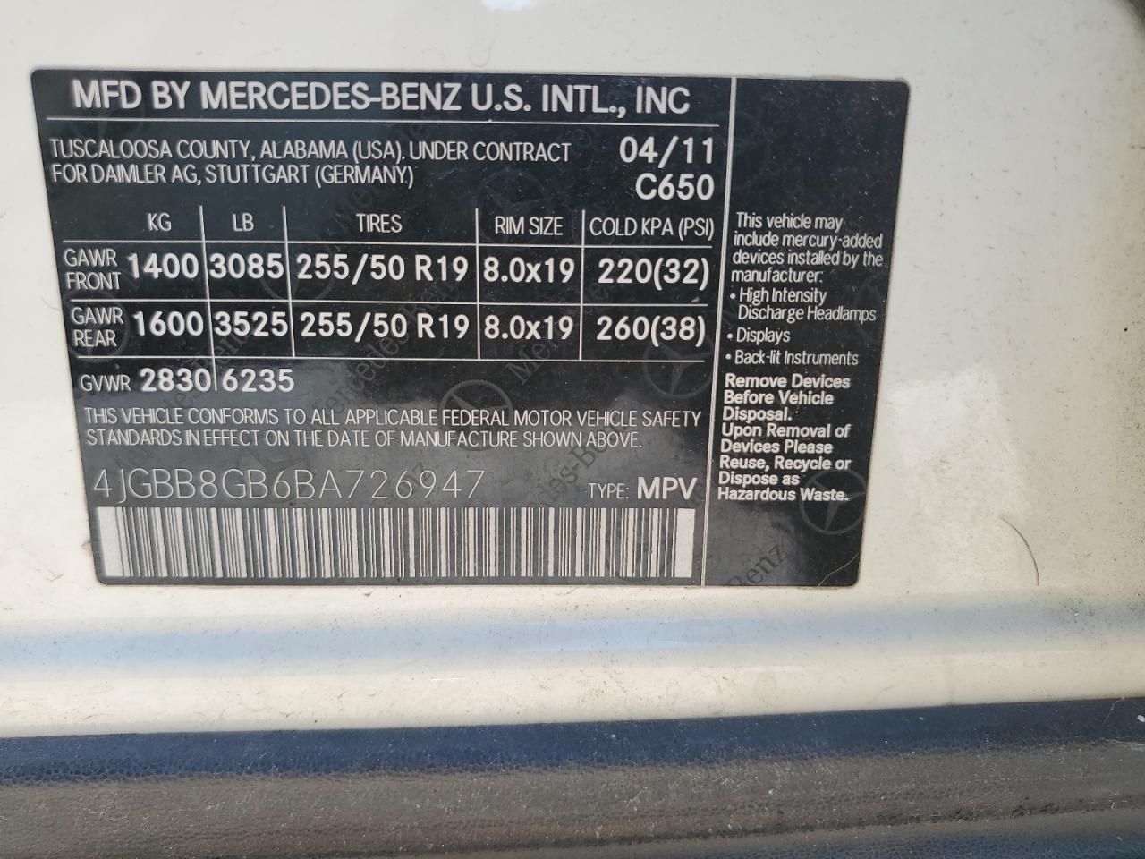 2011 Mercedes-Benz Ml 350 4Matic VIN: 4JGBB8GB6BA726947 Lot: 84994425