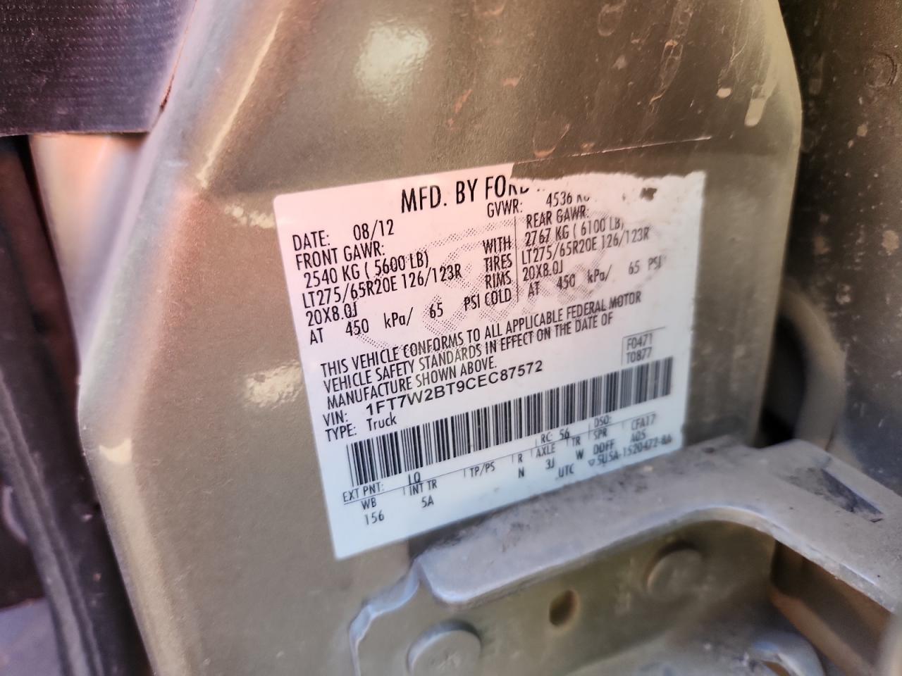 2012 Ford F250 Super Duty VIN: 1FT7W2BT9CEC87572 Lot: 86801915