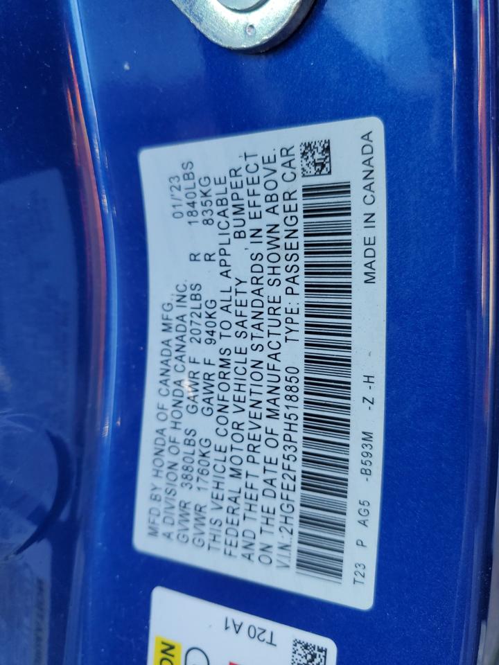 2023 Honda Civic Sport VIN: 2HGFE2F53PH518850 Lot: 84860355