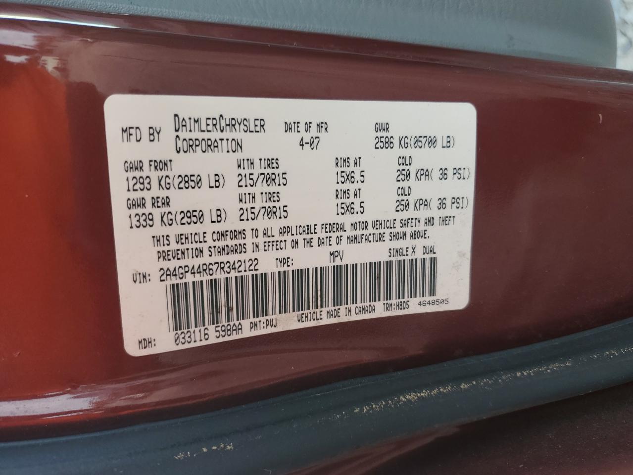2007 Chrysler Town & Country Lx VIN: 2A4GP44R67R342122 Lot: 82306325
