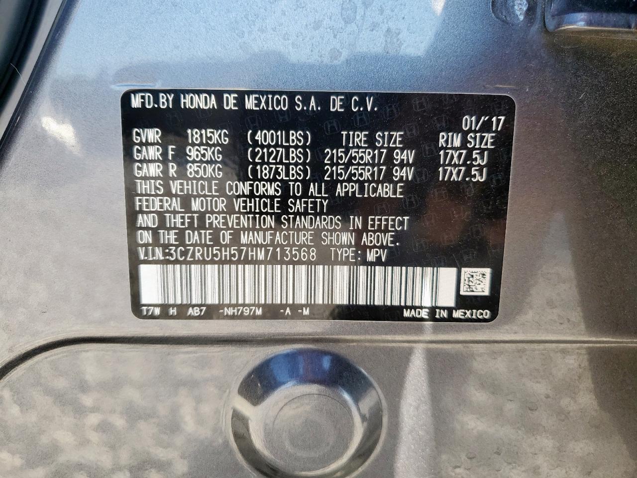 2017 Honda Hr-V Ex VIN: 3CZRU5H57HM713568 Lot: 82182035