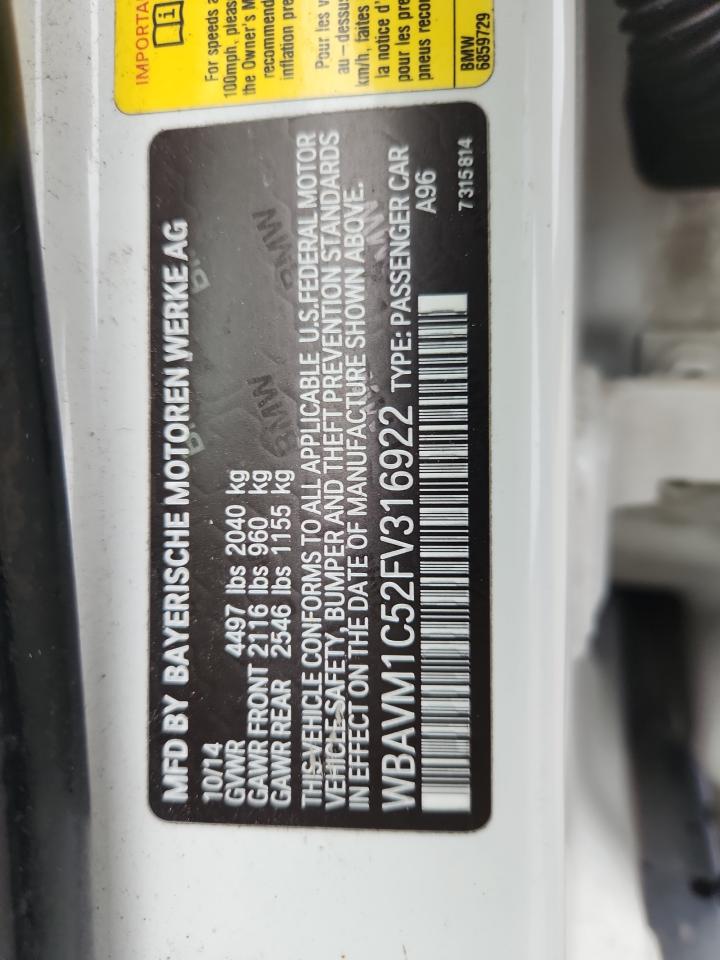 2015 BMW X1 Sdrive28I VIN: WBAVM1C52FV316922 Lot: 85398105