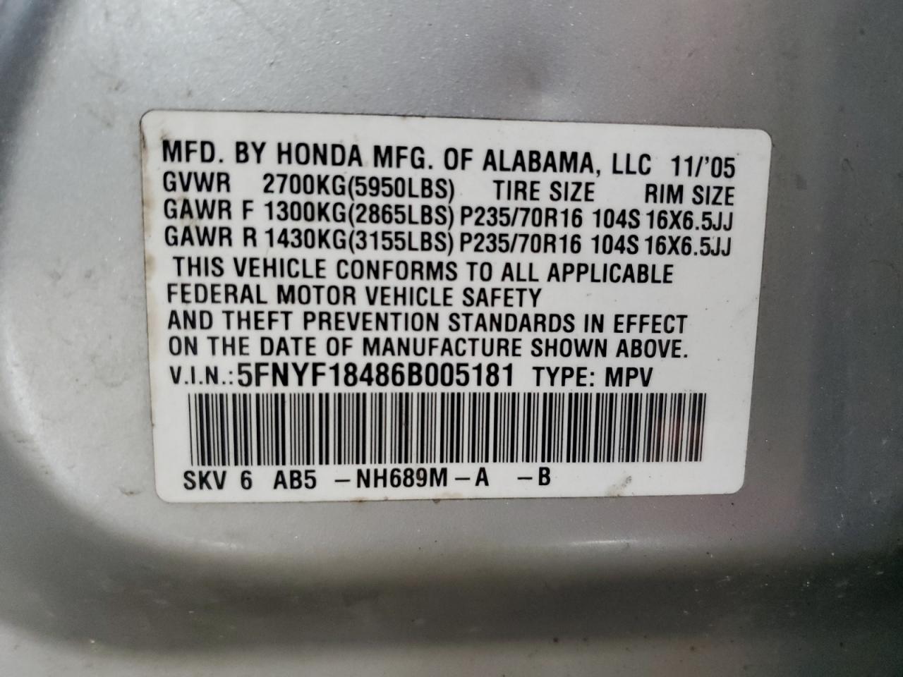 2006 Honda Pilot Ex VIN: 5FNYF18486B005181 Lot: 86236615