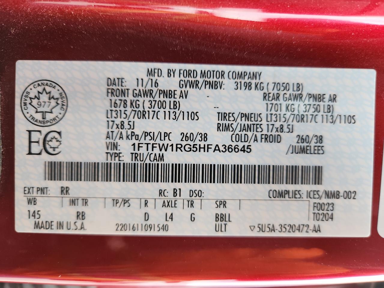 2017 Ford F150 Raptor VIN: 1FTFW1RG5HFA36645 Lot: 82773015