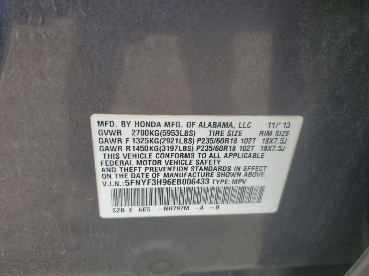 2014 Honda Pilot Touring VIN: 5FNYF3H96EB006433 Lot: 70204195