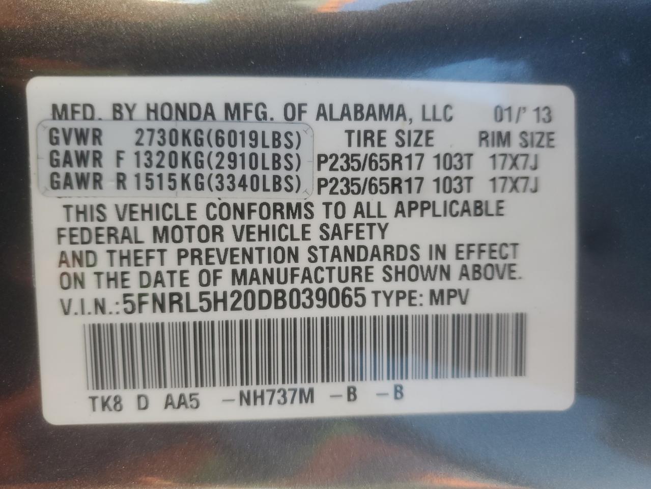 2013 Honda Odyssey Lx VIN: 5FNRL5H20DB039065 Lot: 85134445