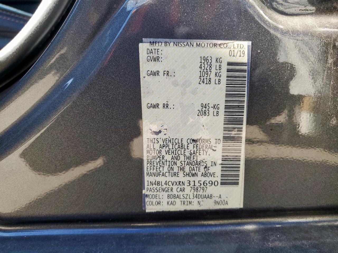 2019 Nissan Altima Sr VIN: 1N4BL4CVXKN315690 Lot: 86104235