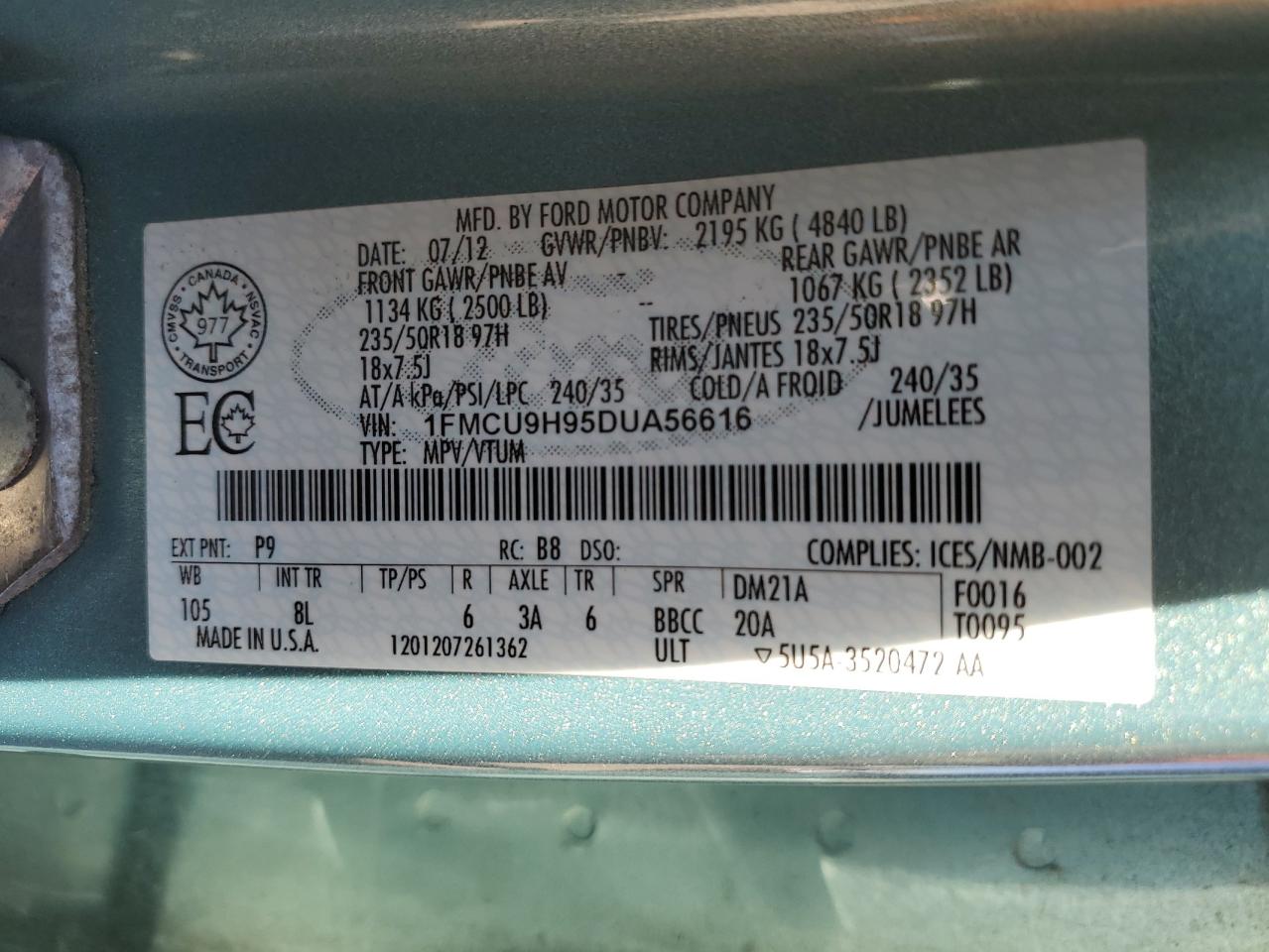 2013 Ford Escape Sel VIN: 1FMCU9H95DUA56616 Lot: 84962965