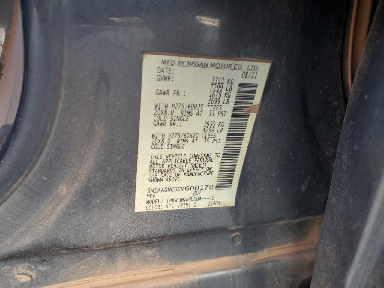 2012 Nissan Armada Sv VIN: 5N1AA0NC0CN600170 Lot: 86992975