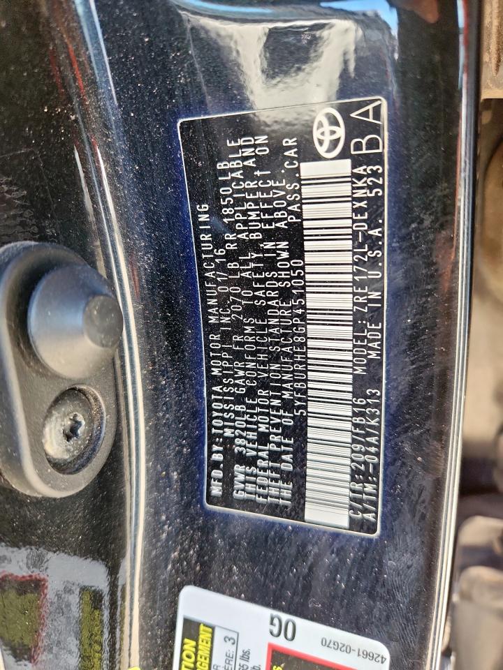 2016 Toyota Corolla L VIN: 5YFBURHE8GP451050 Lot: 85582605