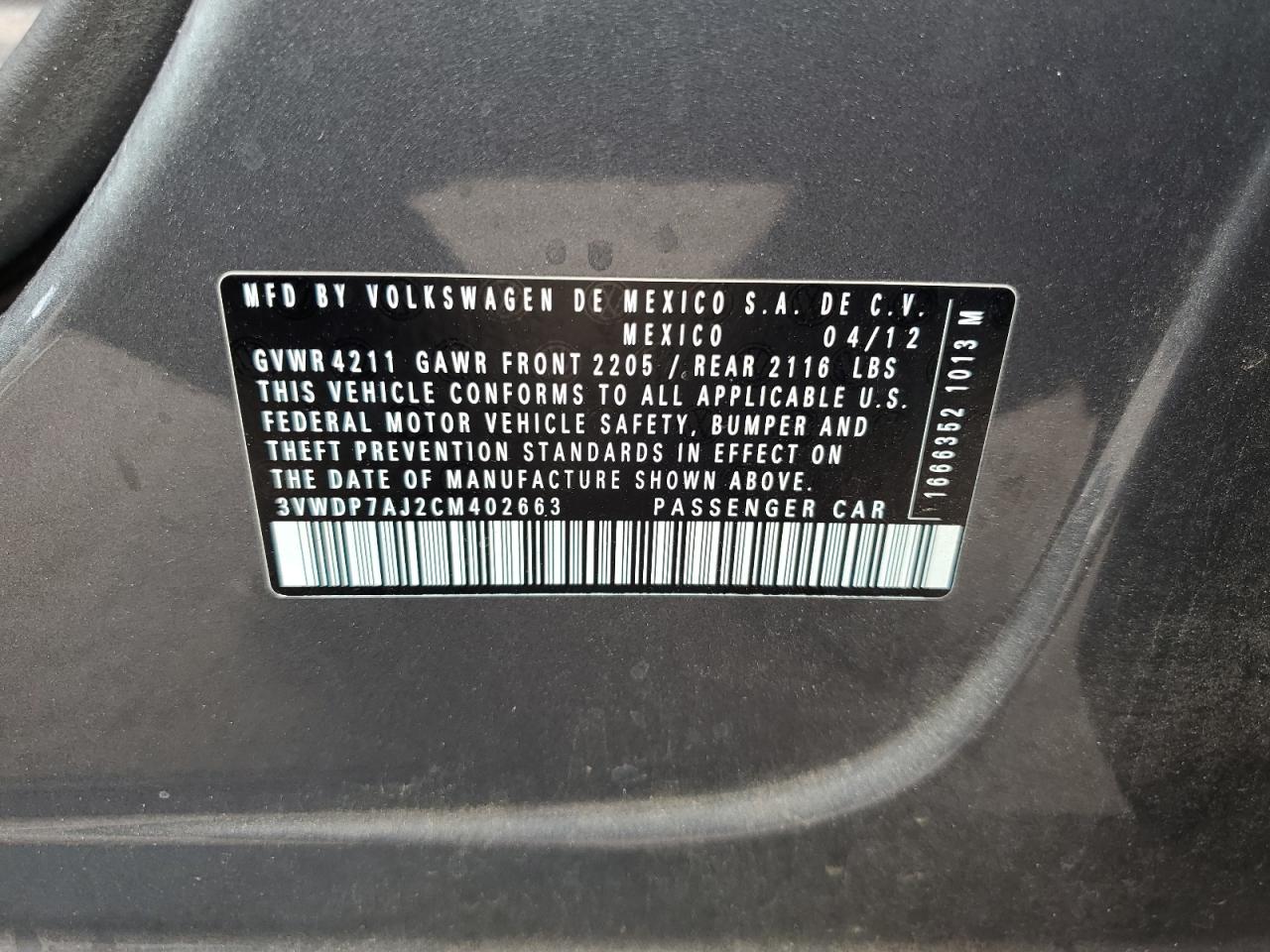 2012 Volkswagen Jetta Se VIN: 3VWDP7AJ2CM402663 Lot: 82264335