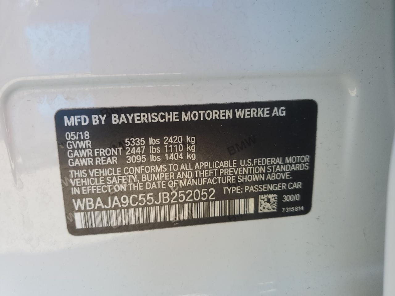 2018 BMW 530E VIN: WBAJA9C55JB252052 Lot: 87058685