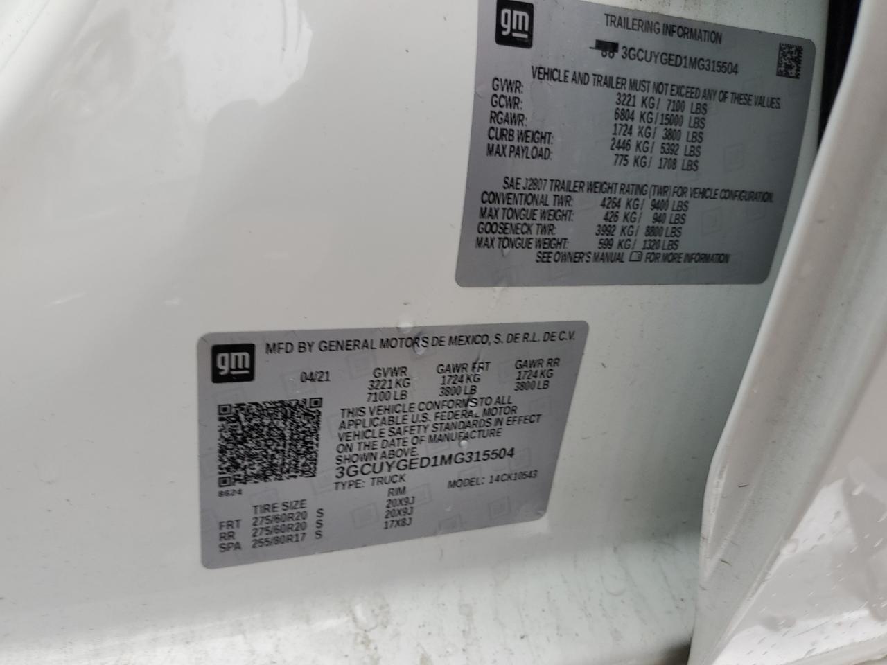 2021 Chevrolet Silverado K1500 Ltz VIN: 3GCUYGED1MG315504 Lot: 90142335