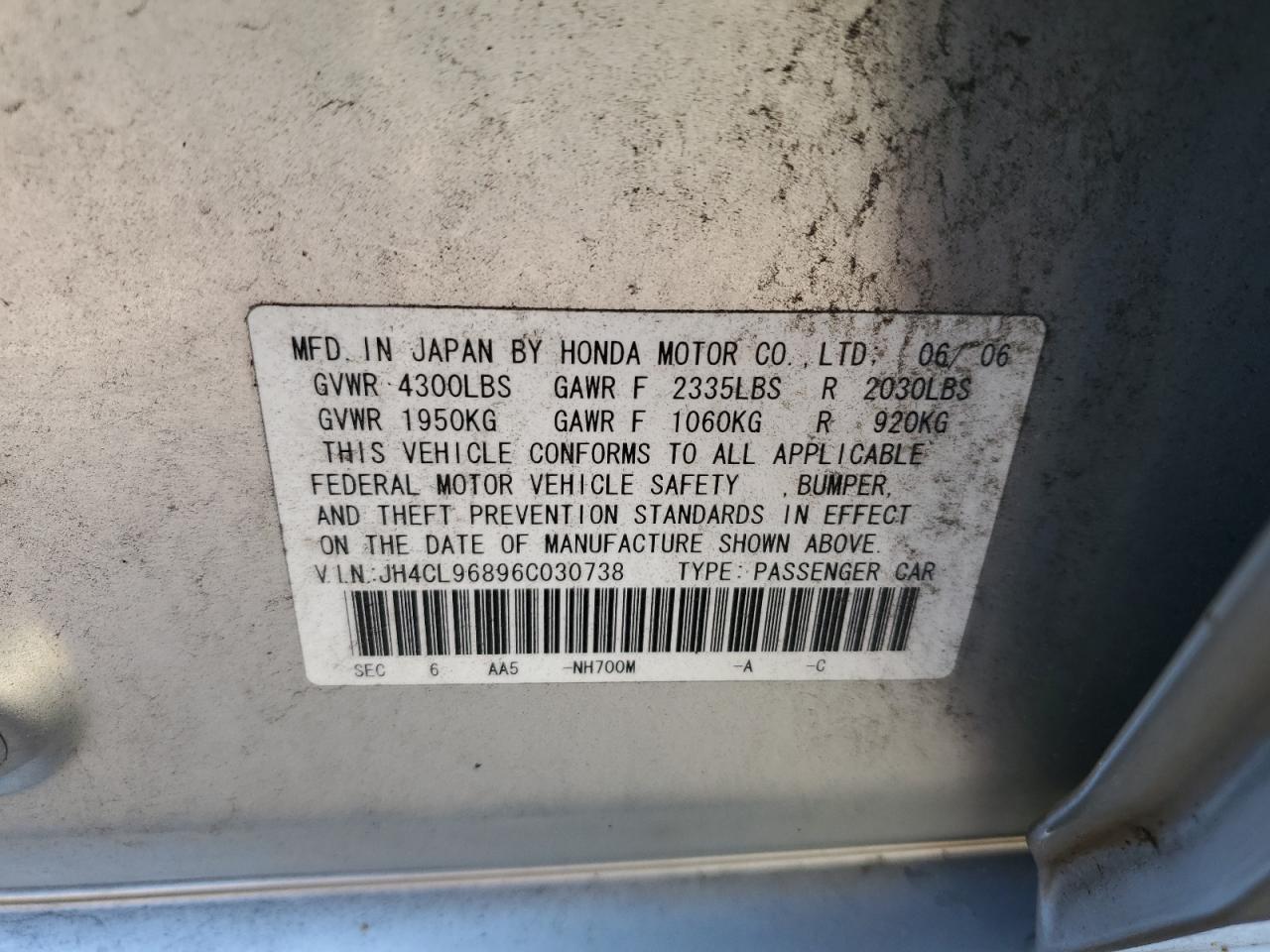 2006 Acura Tsx VIN: JH4CL96896C030738 Lot: 85843565