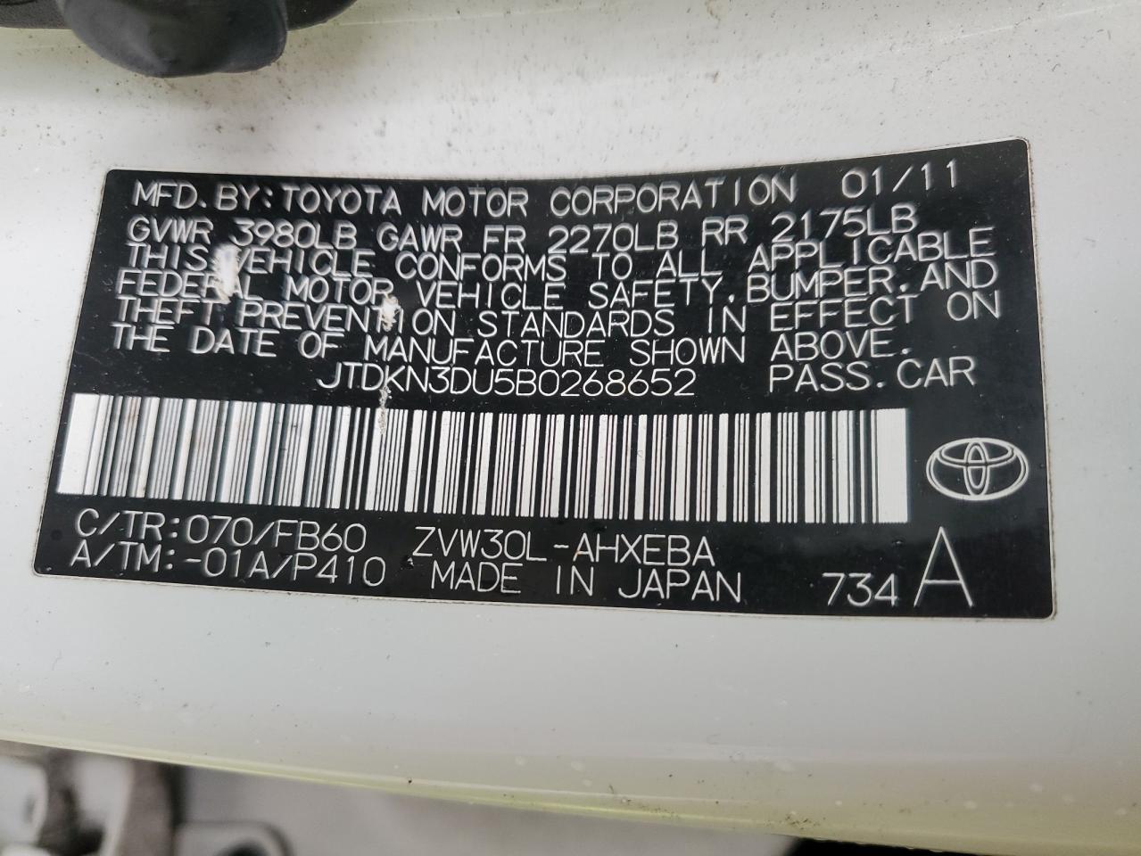 2011 Toyota Prius VIN: JTDKN3DU5B0268652 Lot: 86133285