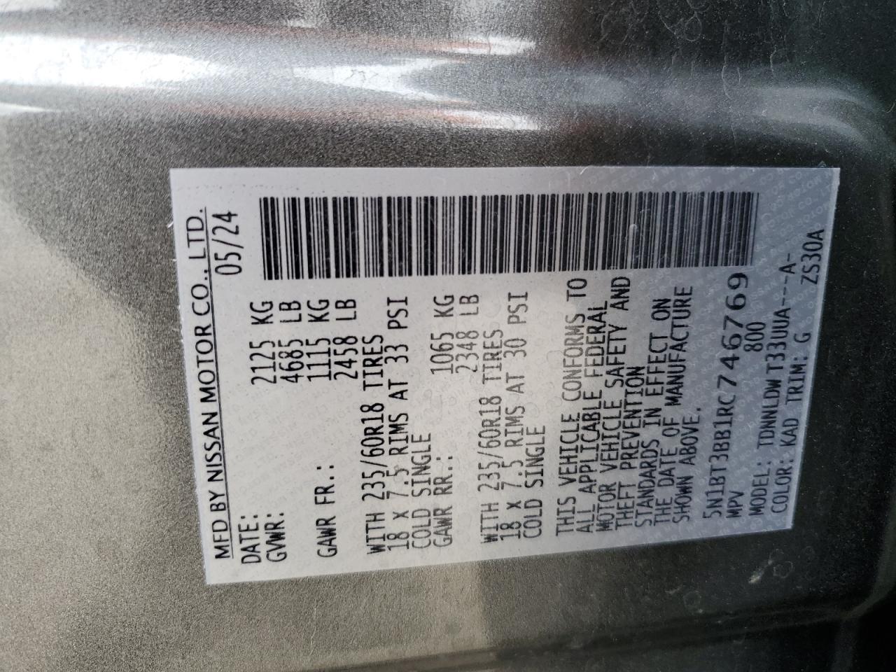 2024 Nissan Rogue Sv VIN: 5N1BT3BB1RC746769 Lot: 86591555