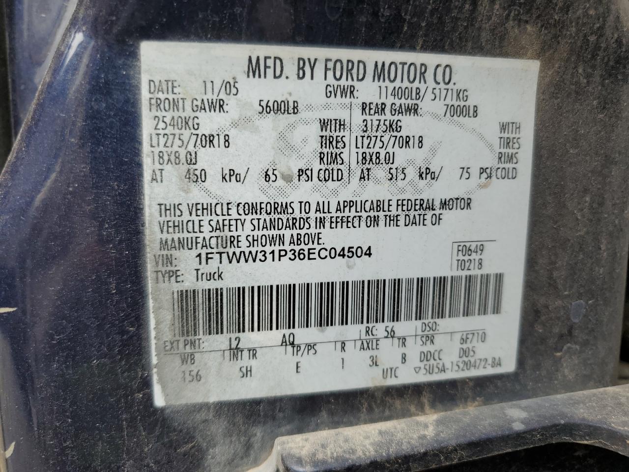 2006 Ford F350 Srw Super Duty VIN: 1FTWW31P36EC04504 Lot: 84869365