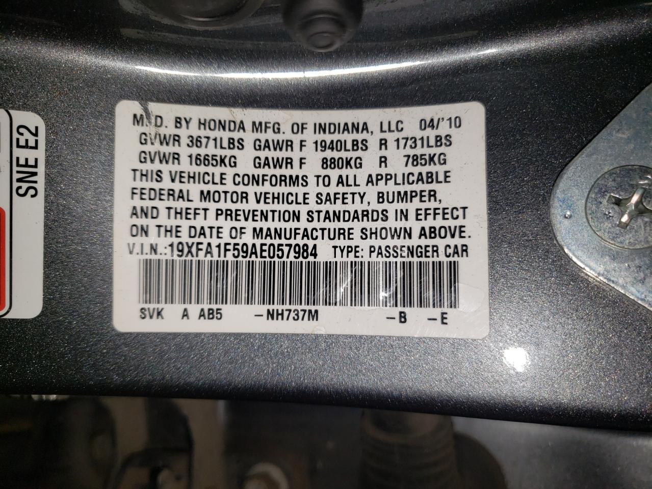 2010 Honda Civic Lx VIN: 19XFA1F59AE057984 Lot: 85126855