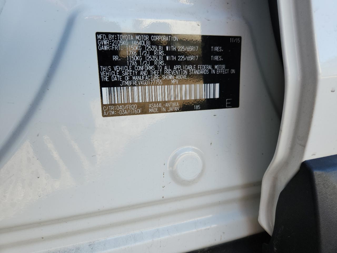 2016 Toyota Rav4 Le VIN: JTMBFREVXGD177755 Lot: 86280825