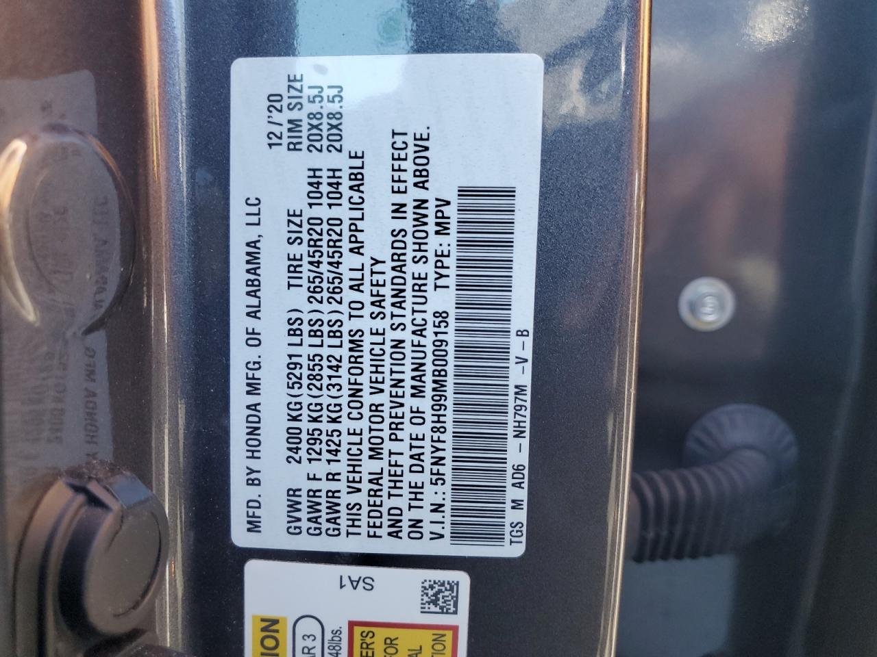 2021 Honda Passport Touring VIN: 5FNYF8H99MB009158 Lot: 82323845