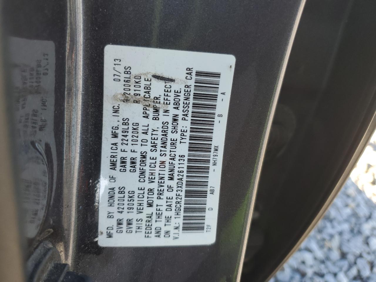 2013 Honda Accord Lx VIN: 1HGCR2F3XDA261136 Lot: 84538975