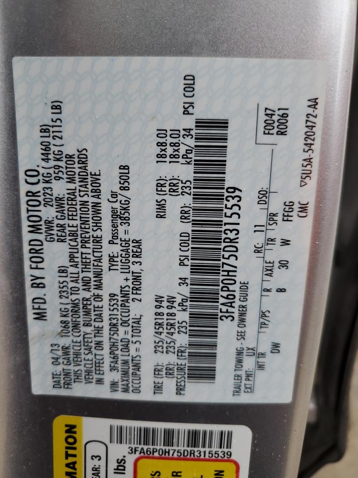 2013 Ford Fusion Se VIN: 3FA6P0H75DR315539 Lot: 71695895