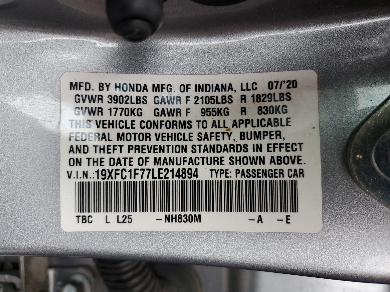 2020 Honda Civic Exl VIN: 19XFC1F77LE214894 Lot: 82295565