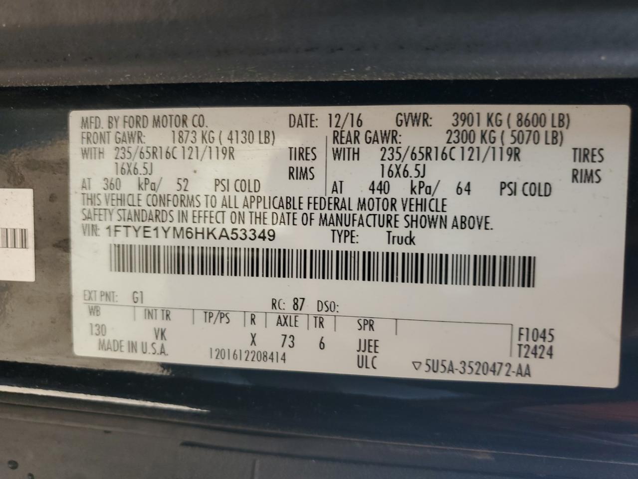 2017 Ford Transit Van T-150 Lo VIN: 1FTYE1YM6HKA53349 Lot: 85412165