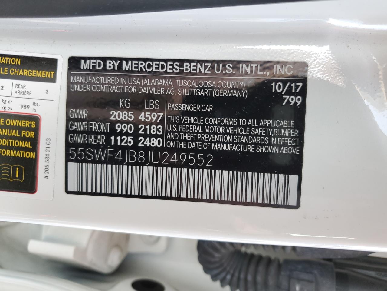 2018 Mercedes-Benz C 300 VIN: 55SWF4JB8JU249552 Lot: 90318865