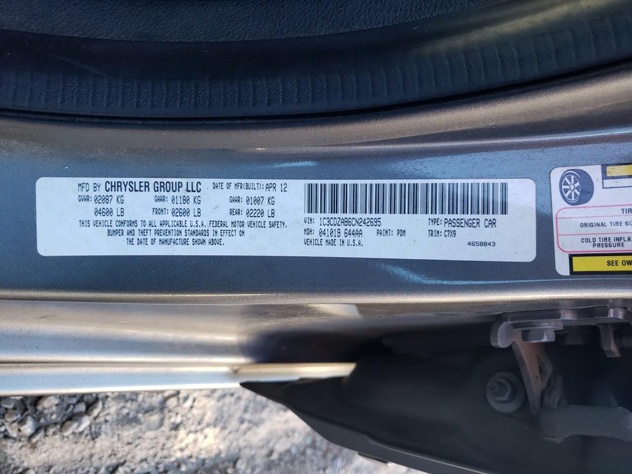 2012 Dodge Avenger Se VIN: 1C3CDZAB6CN242695 Lot: 81775865