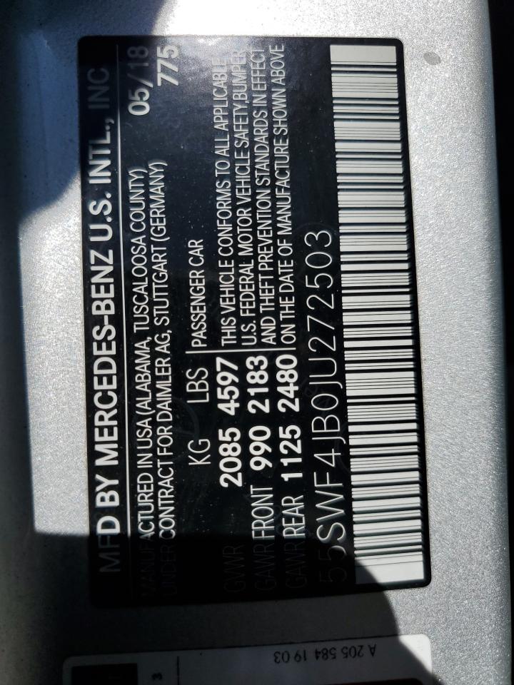 2018 Mercedes-Benz C 300 VIN: 55SWF4JB0JU272503 Lot: 86894795