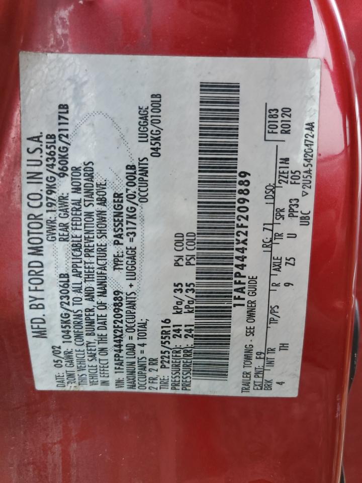 2002 Ford Mustang VIN: 1FAFP444X2F209889 Lot: 86236305
