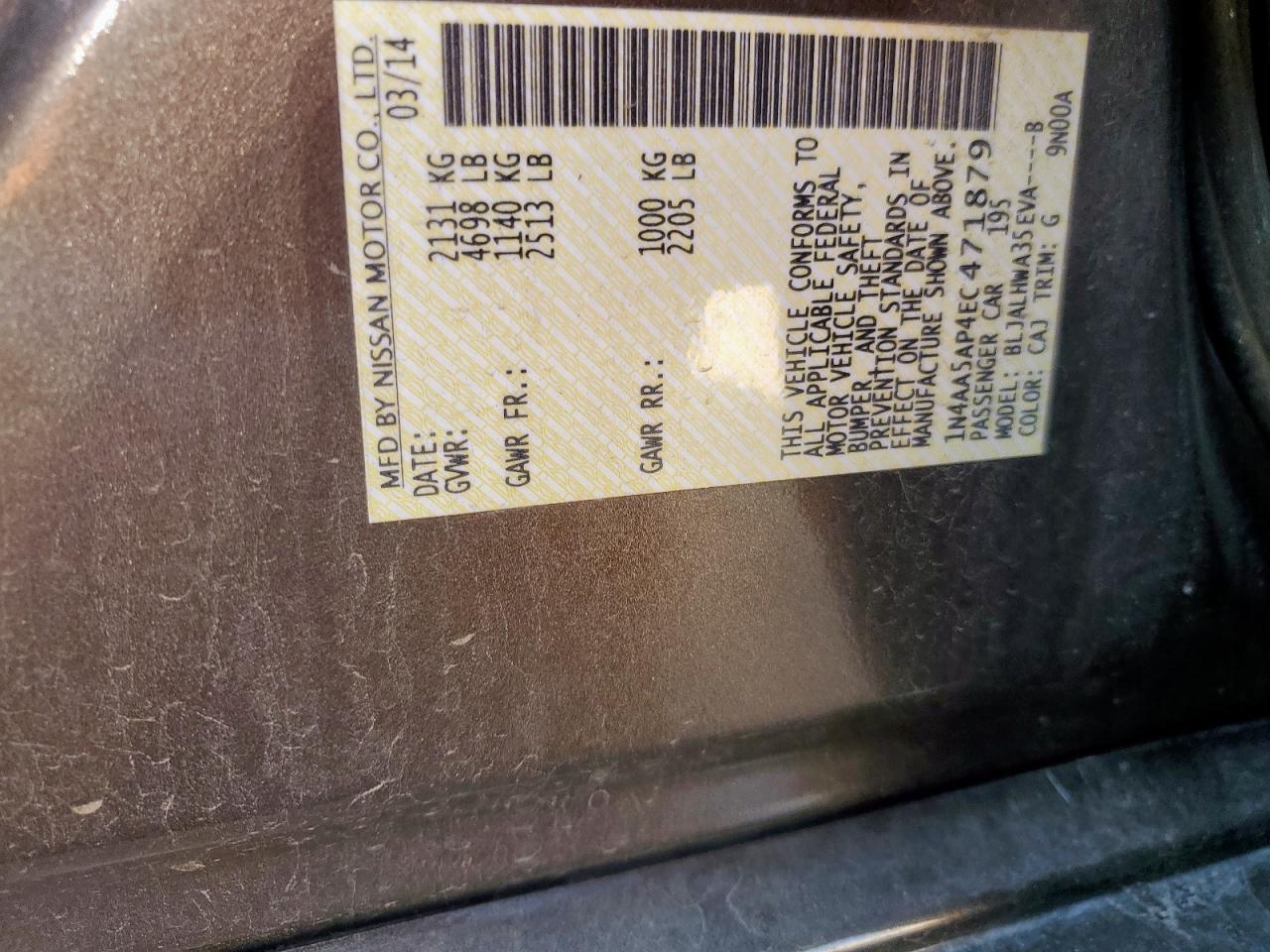 2014 Nissan Maxima S VIN: 1N4AA5AP4EC471879 Lot: 89462845