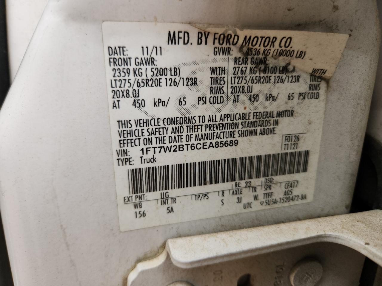 2012 Ford F250 Super Duty VIN: 1FT7W2BT6CEA85689 Lot: 90314705