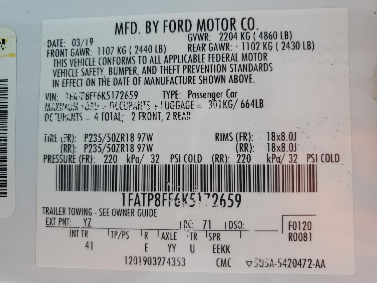 2019 Ford Mustang Gt VIN: 1FATP8FF6K5172659 Lot: 90378845