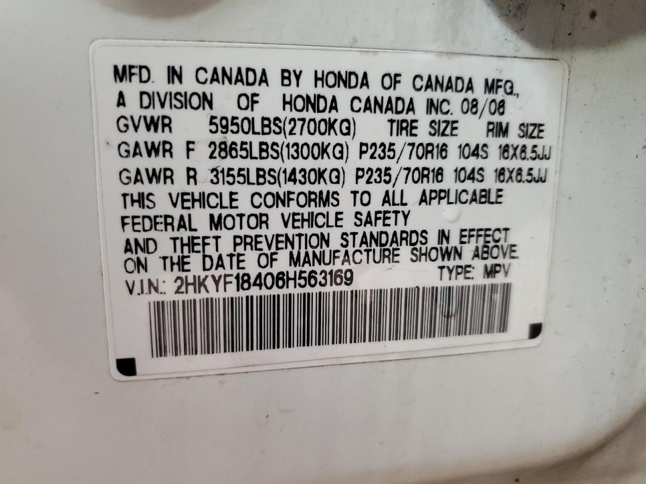 2006 Honda Pilot Ex VIN: 2HKYF18406H563169 Lot: 85346715