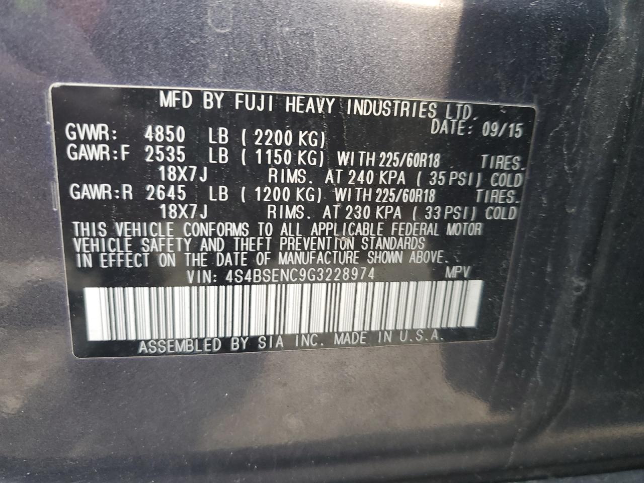 2016 Subaru Outback 3.6R Limited VIN: 4S4BSENC9G3228974 Lot: 84761175