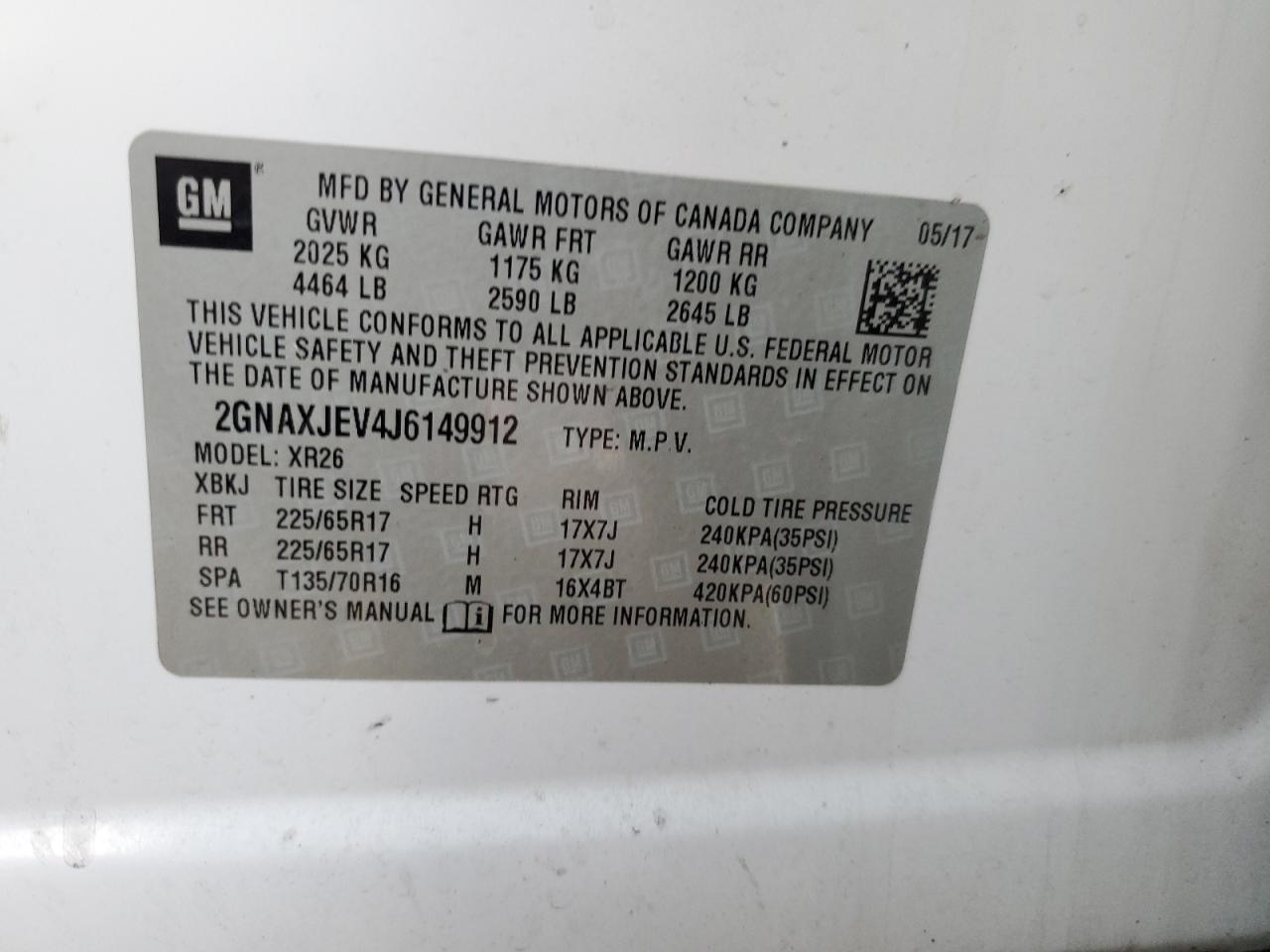 2018 Chevrolet Equinox Lt VIN: 2GNAXJEV4J6149912 Lot: 85255435